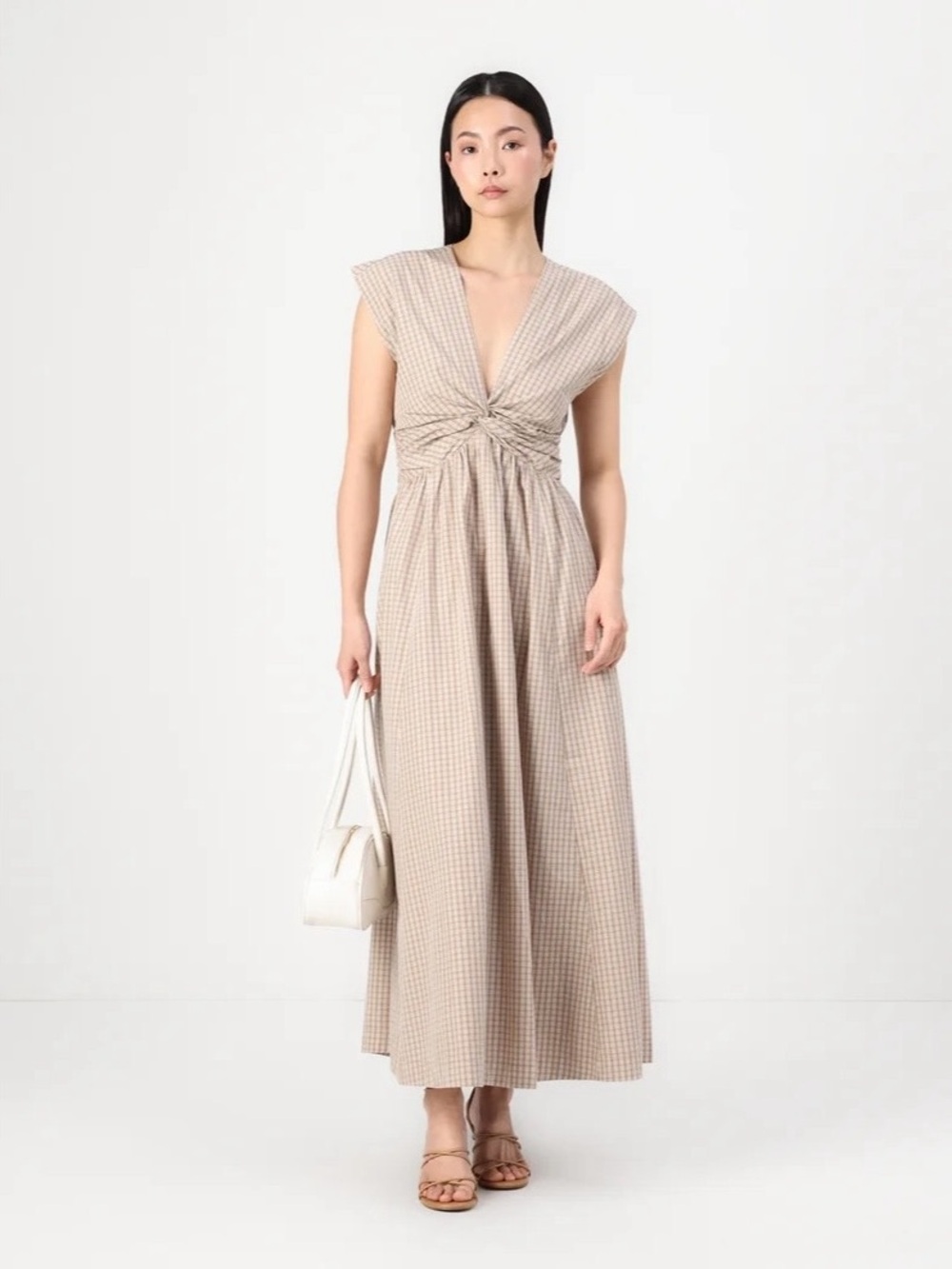 Abercrombie & Fitch Beige and White Gingham Knot-Front Maxi Dress Large TALL